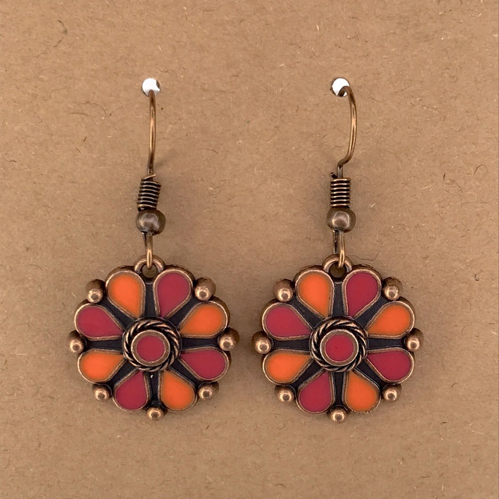 Floral Bronze Bohemian Earrings with Red and Orange Accents Fashion Jewelry